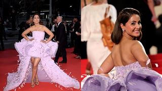 Cannes 2022: Hina Khan experiments at the red carpet in an assymetrical lilac number adorned with feathers