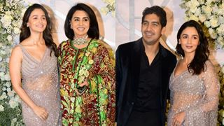 Kiara-Sidharth Reception: Alia Bhatt poses in a shimmery saree along with Ayan Mukerji & Neetu Kapoor