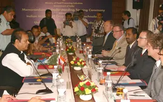 Minister of Food Processing Industries Subodh Kant Sahai and Minister of Education and Law, Govt of Saskatchewan,Canada, Rob Norris at the MoU signing between Indian Institute of Crop Processing Technology and University of Saskatchewan,  Thumbnail