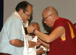 Tibetan spiritual leader Dalai Lama with IGNOU Vice Chancellor V N Rajasekharan Pillai at the Mother Teresa memorial lecture "Mother and compassion'' at Indira Gandhi National Open University, in New Delhi Thumbnail