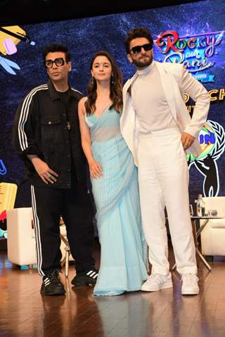 Ranveer Singh, Alia Bhatt and Karan Johar snapped promoting their film Rocky Aur Rani Kii Kahaani .