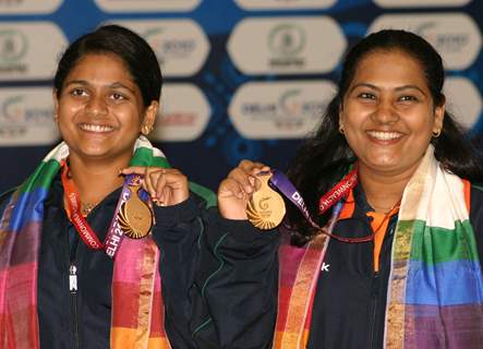 Sayyed Anisa and Sarnobat Rani after winning the Gold in Shooting, Pairs 25 M Pistol Women event at the 19 Commonwealth Games 2010 in New Delhi