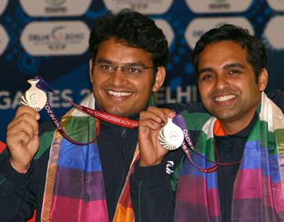Omkar Singh and Deepak Sharma after winning the Silver in Shooting Pairs 50 M Pistol Men, event at the 19 Commonwealth Games 2010 in New Delhi