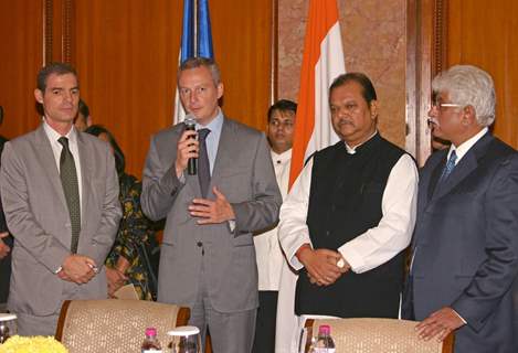 Food Processing Industries Minister Subodh Kant Sahai with Bruno Le Maire, Minister for Food, Agriculture and Fisheries, France,also in picture France Ambassador to India Jerome Bunnafont and Rakesh Bharti Mittal at a delegation talks in New