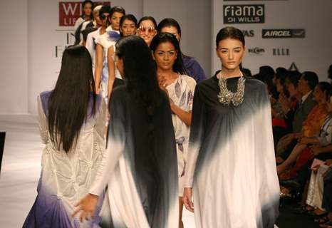 Models showcasing designers Pankaj & Nidhi's  creations at the Wills Lifestyle India Fashion Week-Spring summer 2011,in New Delhi on Sunday