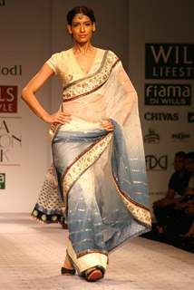 A model showcasing a designer Anju Modi's  creation at the Wills Lifestyle India Fashion Week-Spring summer 2011,in New Delhi on Sunday