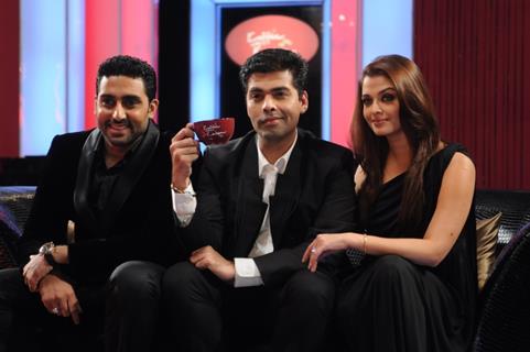 Aishwarya and Abhishek with Karan Johar on the sets of Koffee with Karan