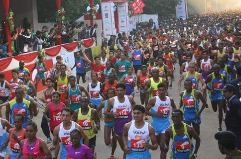 Participants during the Delhi Half Marathon, in New Delhi