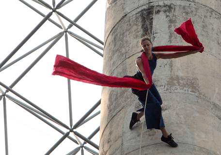 American Dance troupe Project Bandaloop during their aerial dance performance at LIC Building,in New Delhi on Friday