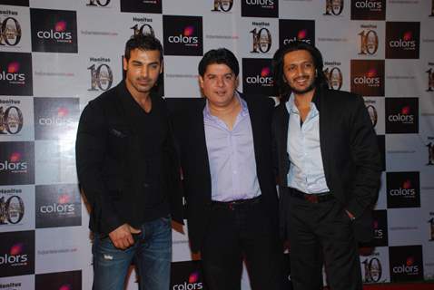 John Abraham, Sajid Khan and Ritesh Deshmukh at ITA Awards.  .