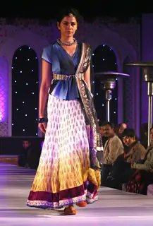 A model showcasing collection by Anju Modi at the National Handloom Expo,in New Delhi on Tuesday. .