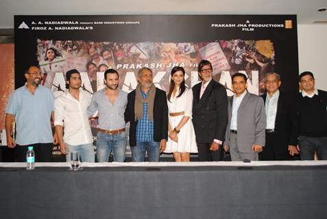 Cast and Crew at Press Conf. for the Prakash Jha's upcoming movie ''Aarakashan'' at Novatel, Mumbai