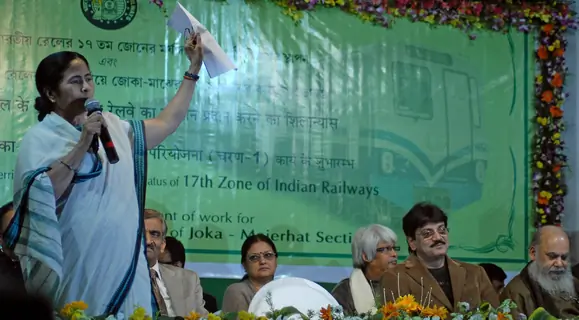 Railway minister Mamata Banerjee adresses the media during a foundation stone laying function to confer the status of 17th Indipendent Zonal Railway in Kolkata and commencement of work for Joka-BBD Bag metro rail project (phase-1) of Joka ...