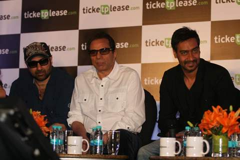 Sunny Deol and Dharmendra launched Ajay Devgan's new online venture ticketplease.com at Hotel JW Marriott in Juhu, Mumbai