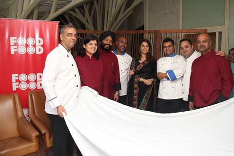 L-R Chef Nitin, Chef Shilarna , Chef Ganesh Harpal, Chef Max, Madhuri Dixit at &quot;Food Food&quot; Channel