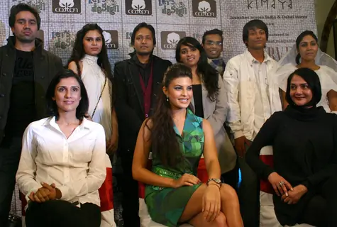 Jacqueline Fernandes with designer Rina Dhaka and Poonam Bhagat with the finalist for