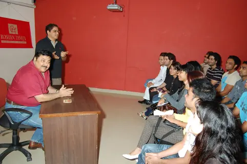 Satish Shah addressing students during a guest lecture at Roshan Taneja school of acting
