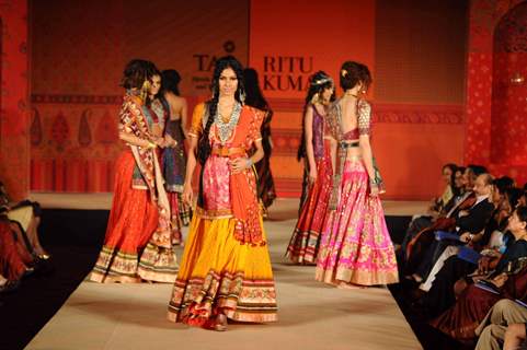 Models walking on the ramp for Ritu Kumar fashion show at Taj land's End. .