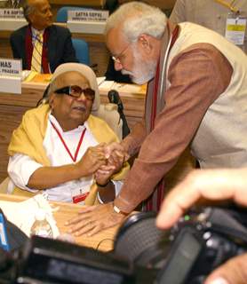 Tamilnadu CM Karunanidhi and Gujarat CM Narendra Modi at the Chief Ministers  Conference, in New Delhi on Tuesday 1 Feb 2011. .