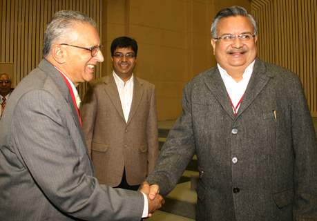 Chhattisgarh CM Dr Raman Singh and Home Secretary G S Pillai  at the Chief Ministers  Conference, in New Delhi on Tuesday 1 Feb 2011. .