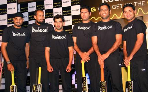 Cricketers Harbhajan Singh, Yusuf Pathan, Gautam Gambhir, Yuvraj Singh, M S Dhoni and Piyush Chawla at a promotional event in New Delhi on Wed 2 Feb 2011. .