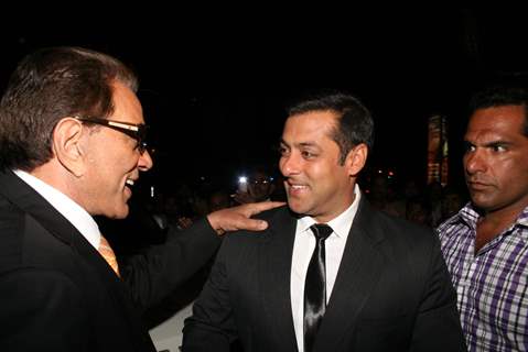 Dharmendra and Salman Khan at Dev Anand’s old classic film “Hum Dono” premiere at Cinemax Versova