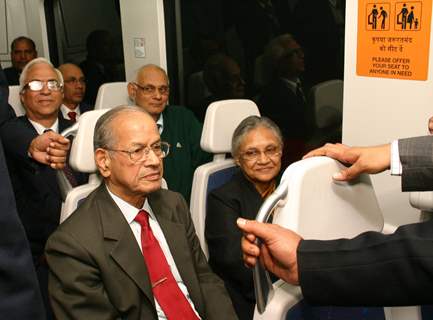 Delhi Chief Minister Sheila Dikshit and Delhi Metro Chief E. Sreedharan inside the Airport Metro in New Delhi on Sat 5 Feb 2011. .