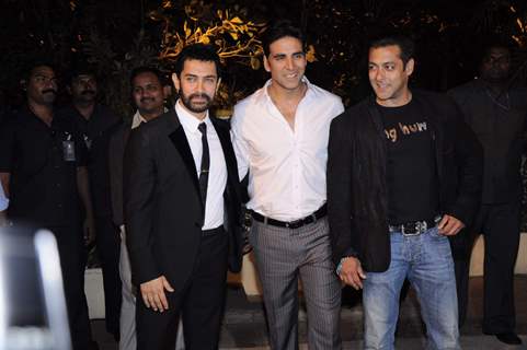 Aamir Khan, Akshay Kumar and Salman Khan at Imran Khan and Avantika Malik's Wedding Reception Party at Taj Land's End. .