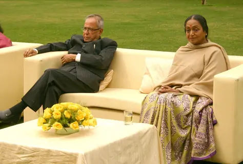 Lok Sabha Speaker Meira Kumar and Union Finance Minister Pranab Mukherjee during a meeting with political leaders in New Delhi on Mon. .