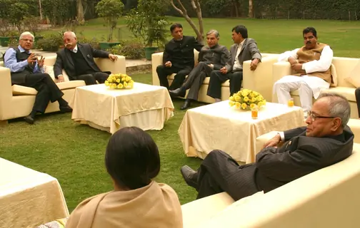 Lok Sabha Speaker Meira Kumar and Union Finance Minister Pranab Mukherjee during a meeting with political leaders in New Delhi on Mon. .