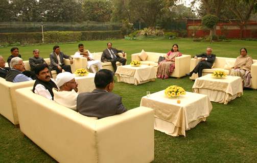 Lok Sabha Speaker Meira Kumar and Union Finance Minister Pranab Mukherjee during a meeting with political leaders in New Delhi on Mon. .