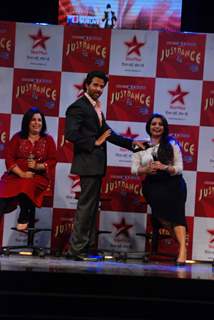 Hrithik Roshan, Farah Khan and Vaibhavi Merchant at the launch of Just Dance Show at Filmistan. .