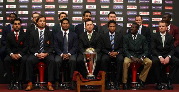 Captains of all the 14 cricket world cup teams with the ICC Cricket World Cup trophy in Dhaka, Bangladesh on Feb 17, 2011. The 14 national captains , Front Row Left to Right, Ashish Bagai (Canada), Peter Borren (Netherlands), Kumar Sangakkara ...