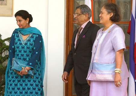 External Affairs Minister S M Krishna and MOS Preneet Kaur with Thailand  Princess Maha Chakri Sirindhorn,in New Delhi on 10 March 2011.