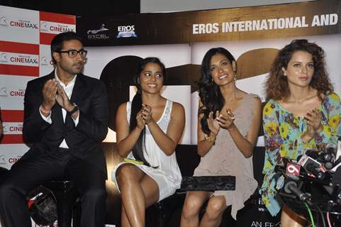 Abhishek, Kangna and Sarah Jane at Game film Press Conference at Cinemax Versova, Mumbai