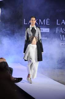 A model on day 1 Lakme Fashion Week for designer Anamika Khanna. .