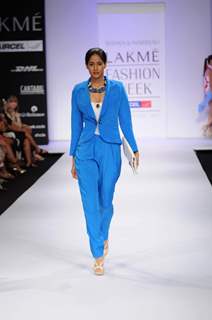 A model showcases a creation by designers Shivan and Narresh at Lakme Fashion Week day 2 in Mumbai. .