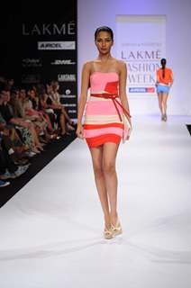 A model showcases a creation by designers Shivan and Narresh at Lakme Fashion Week day 2 in Mumbai. .