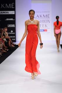 A model showcases a creation by designers Shivan and Narresh at Lakme Fashion Week day 2 in Mumbai. .