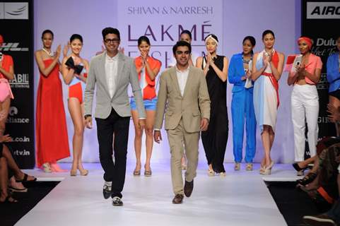 Models showcases a creation by designers Shivan and Narresh at Lakme Fashion Week day 2 in Mumbai. .