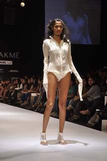 A model displays designer Vivek Karunakaran's creations during the Lakme Fashion Week day 2 in Mumbai. .