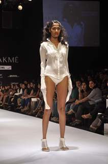 A model displays designer Vivek Karunakaran's creations during the Lakme Fashion Week day 2 in Mumbai. .