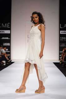 A model displays designer Vivek Karunakaran's creations during the Lakme Fashion Week day 2 in Mumbai. .