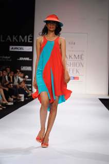 A model displays designer Vivek Karunakaran's creations during the Lakme Fashion Week day 2 in Mumbai. .