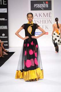 A model walks the runway at the Masaba's show at Lakme Fashion Week day 2 in Mumbai. .