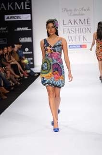 A model walks the runway at Pam & Arch London show at Lakme Fashion Week day 2 in Mumbai. .