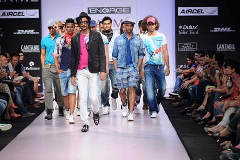 Models walks the runway at the Energie show at Lakme Fashion Week day 2 in Mumbai. .