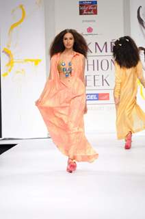 A model displays designer Anupama Daya's creations during the Lakme Fashion Week day 4 in Mumbai. .