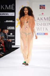 A model displays designer Anupama Daya's creations during the Lakme Fashion Week day 4 in Mumbai. .