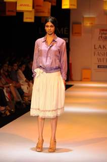 A model displays designer Astu's creations during the Lakme Fashion Week day 4 in Mumbai. .